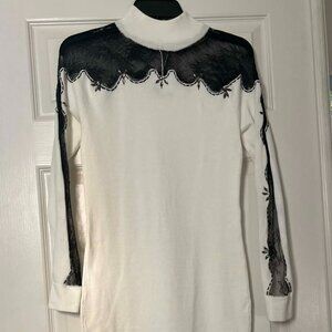 Venus Cream Knit Dress with Black Lace & Rhinestone Details – Size Small